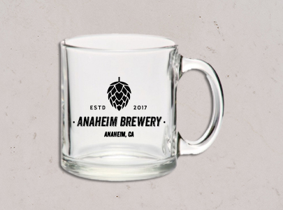 Custom imprinted 13 oz. Clear Glass Coffee Mug for Anaheim, CA with a local business logo